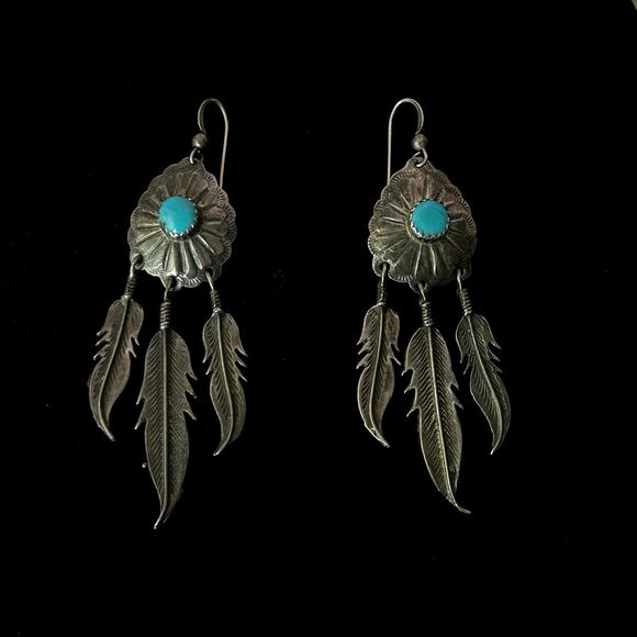 3" LONG Vintage Navajo Sterling Silver Turquoise CONCHO Feather Dangle Earrings
